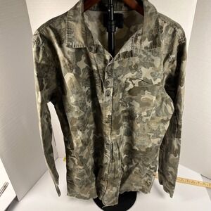Jaywalker Mens Camo Button Down Shirt Back Zip Raw Hem Green Brown Large